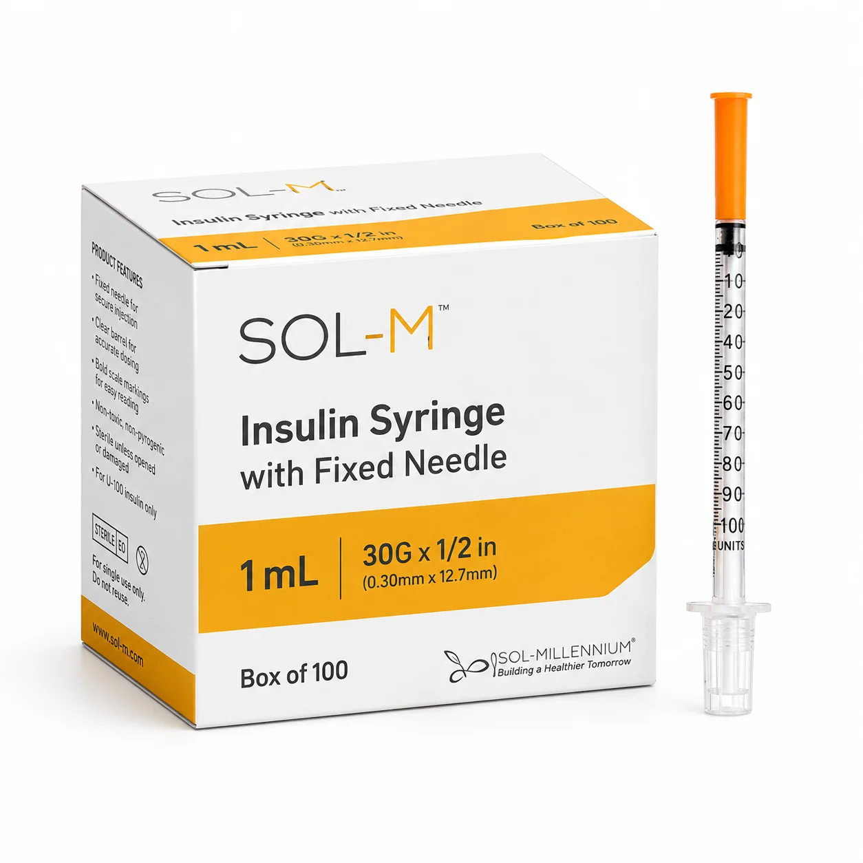 SOL-M 1ml Insulin Syringe w/Fixed Needle 30G x 1/2"
