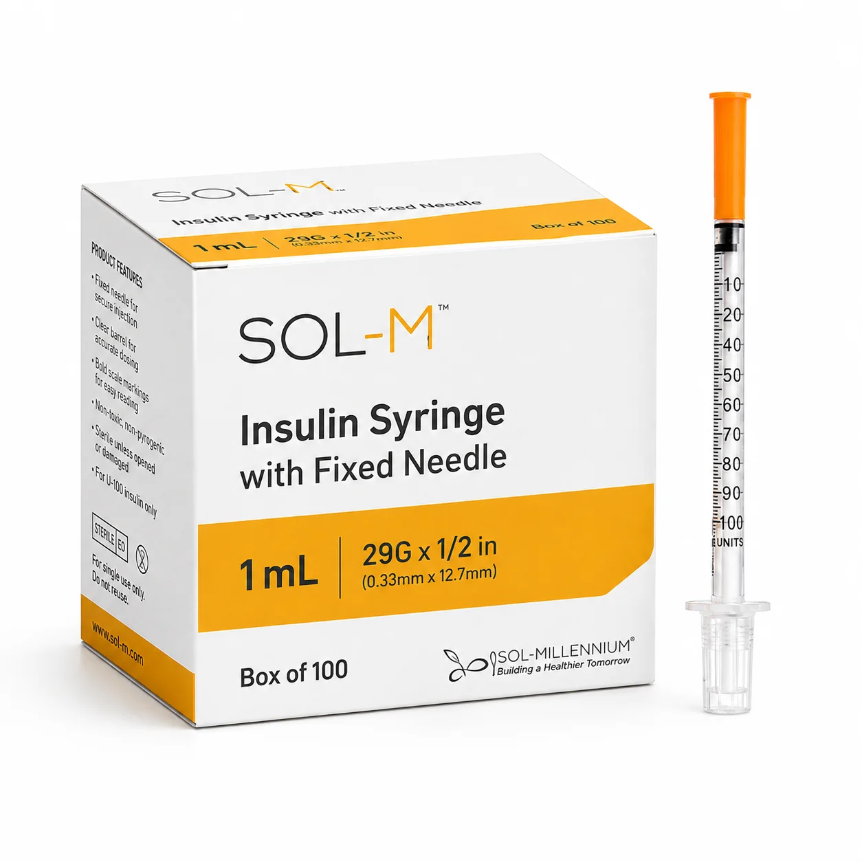 SOL-M 1ml Insulin Syringe w/Fixed Needle 29G x 1/2"