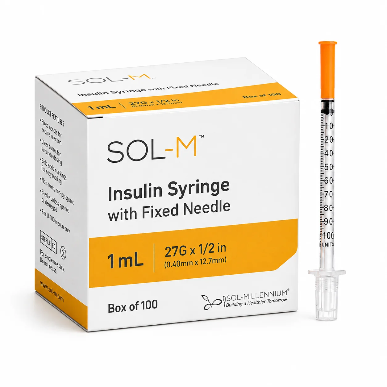 SOL-M 1ml Insulin Syringe w/Fixed Needle 27G x 1/2"